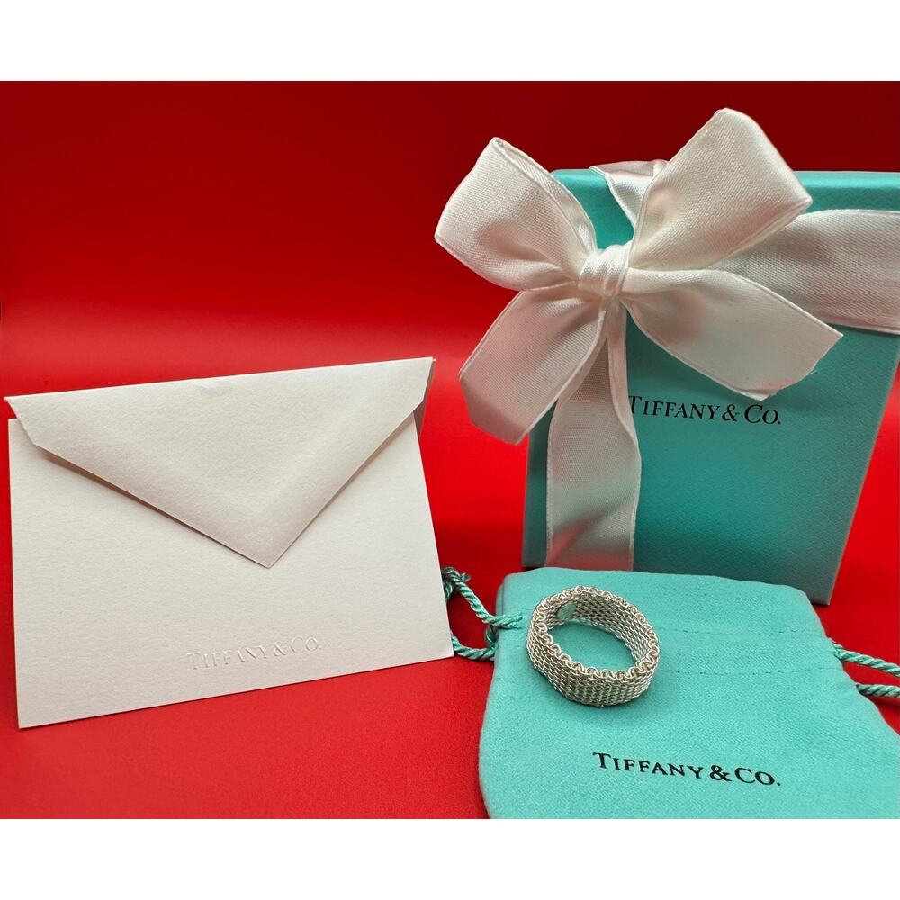 Tiffany & Co Somerset Sterling Silver Mesh Weave Ring Box, Bow And Card Sz 8 3/4 - Picture 2 of 8